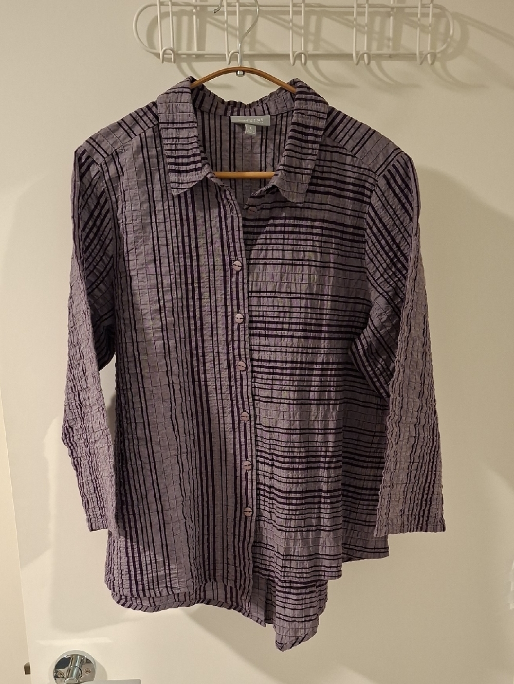 Habitat Cotton-rich Deep Purple Striped Lagenlook Asymmetrical Shirt (Size L)